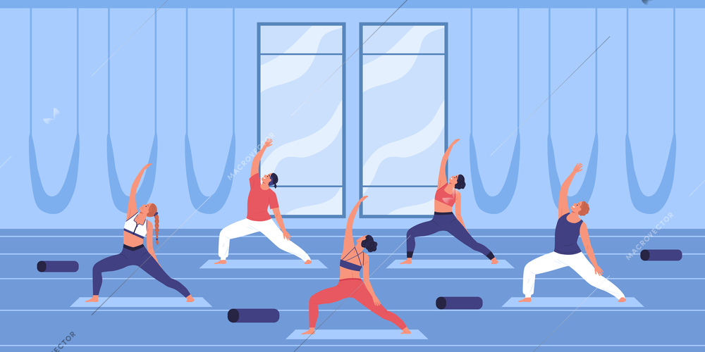 Fitness group doing sport exercises together in gym flat color background vector illustration