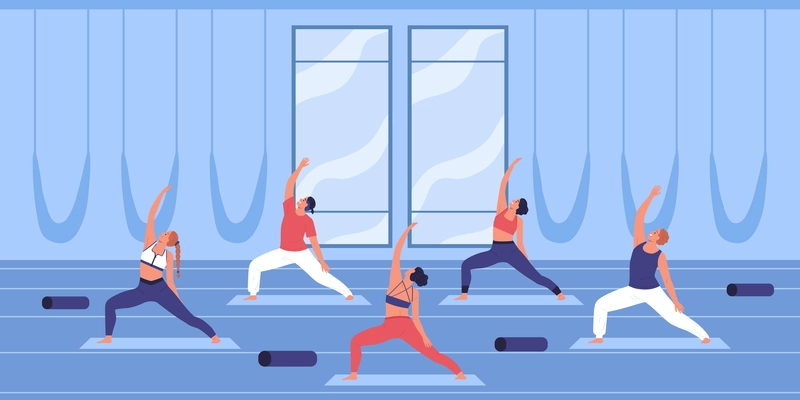 Fitness group doing sport exercises together in gym flat color background vector illustration