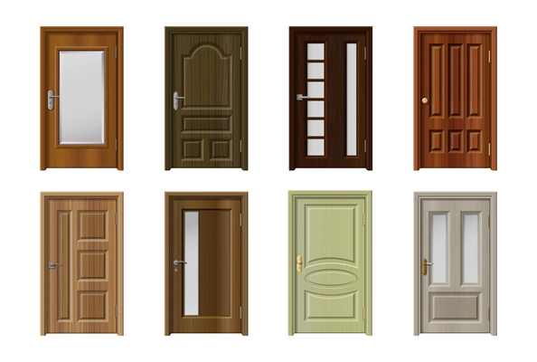 Door realistic set of isolated icons with single doors of different design surface material and colour vector illustration