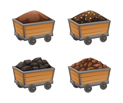 Mining miner cartoon set with four isolated images of wooden mine carts with wheels and coal vector illustration