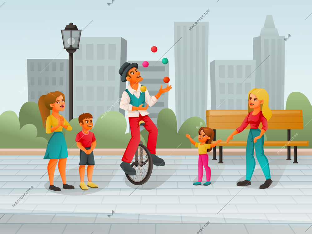 Street performer artist musician dancer cartoon composition with cityscape scenery and characters of onlookers surrounding juggler vector illustration