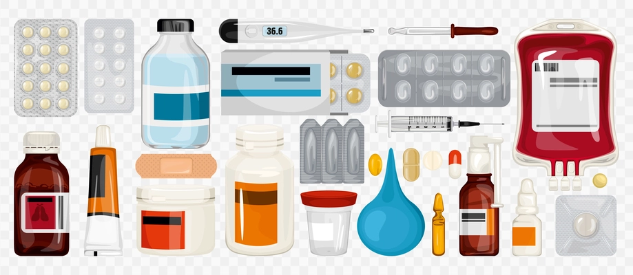 Healthcare medications horizontal set with isolated icons of pill blisters vials with drops and blood dripper vector illustration