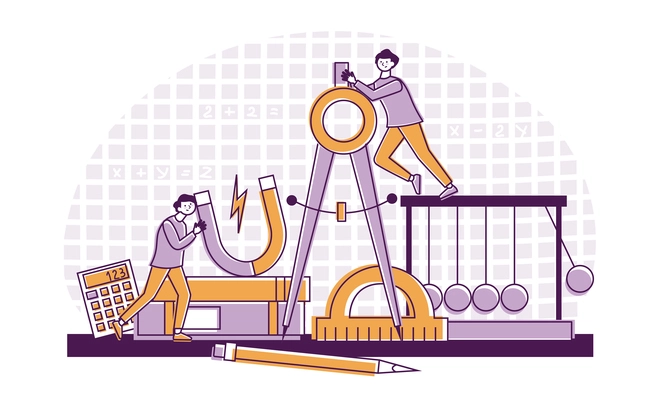 School education subject math sciences composition abstract situation with different tools for education calculator protractor compass magnet and two people vector illustration