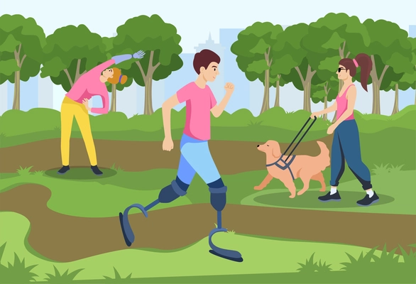 Disable people lifestyle flat composition with outdoor view of city park with disabled persons during workout vector illustration