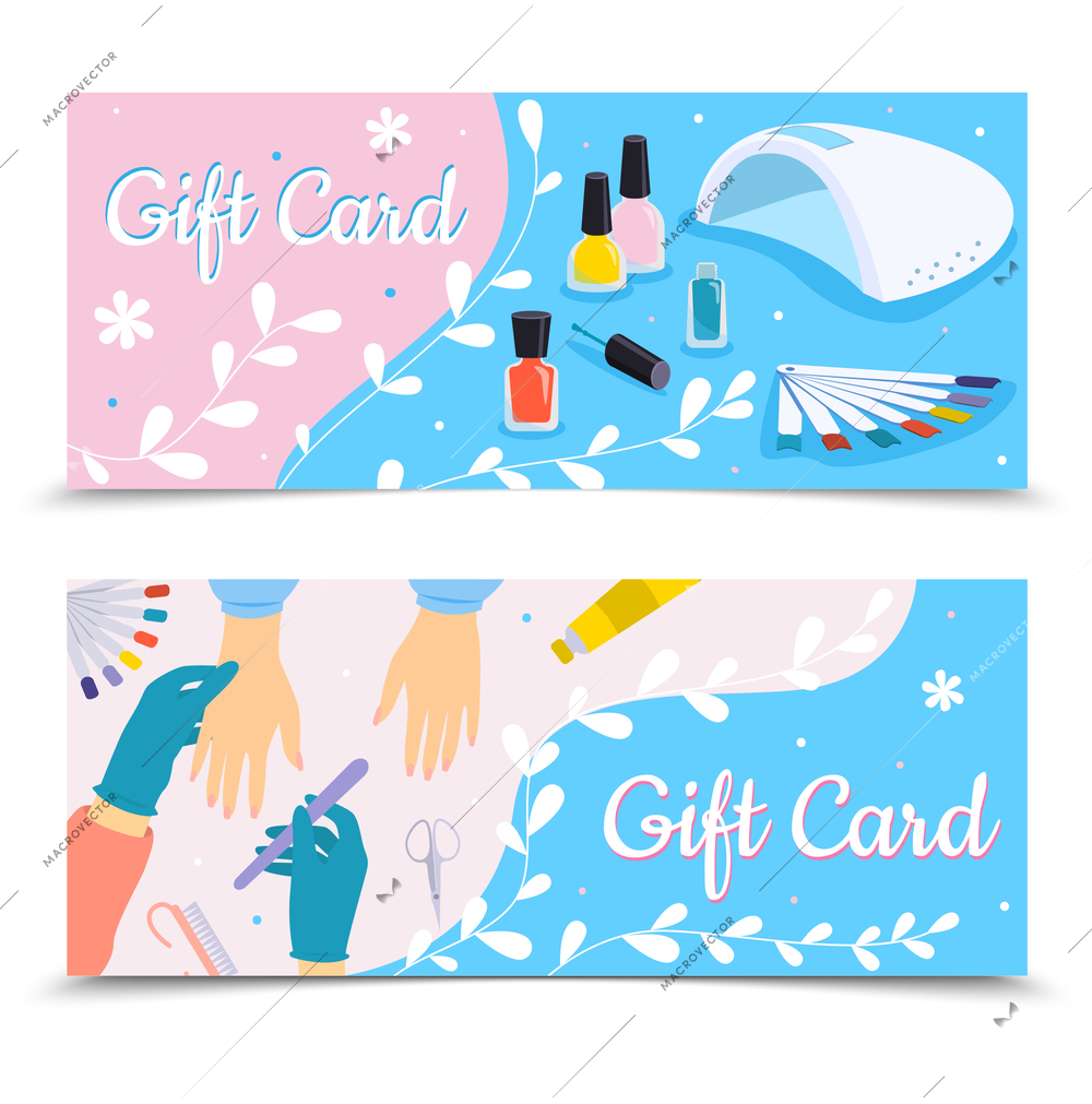 Set of two manicure flat horizontal banners with ornate text and images of hands and tools vector illustration