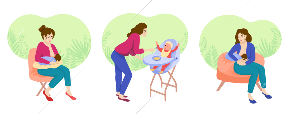 Baby breast feeding set of three isolated compositions with characters of mother nursing baby on chairs vector illustration