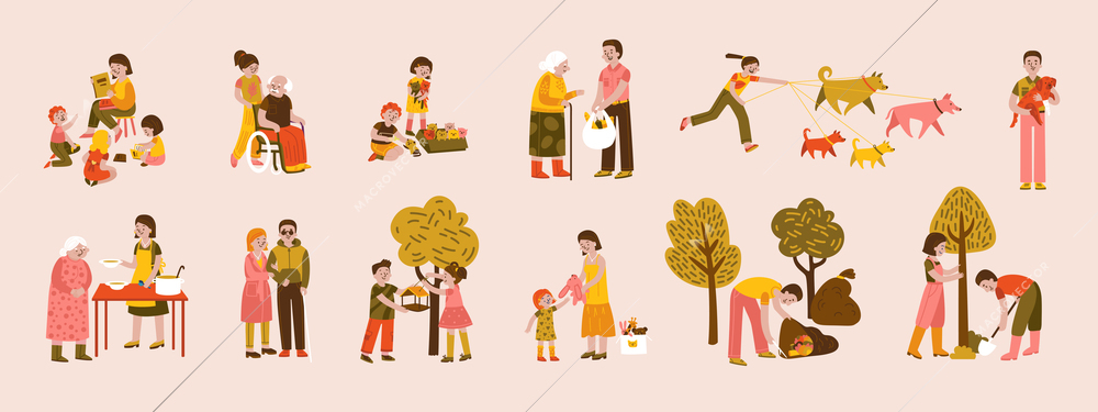 Volunteer color set of isolated compositions with young people planting trees helping elderly and teaching kids vector illustration