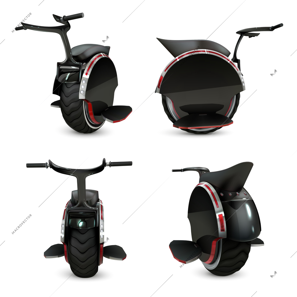 Set of four isolated realistic monowheel images with red and black metal surface treadle and handlebars vector illustration