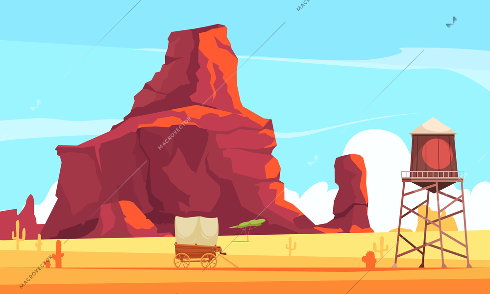 Climber alpinist composition with outdoor desert landscape with red cliffs and wagon with vintage water tower vector illustration