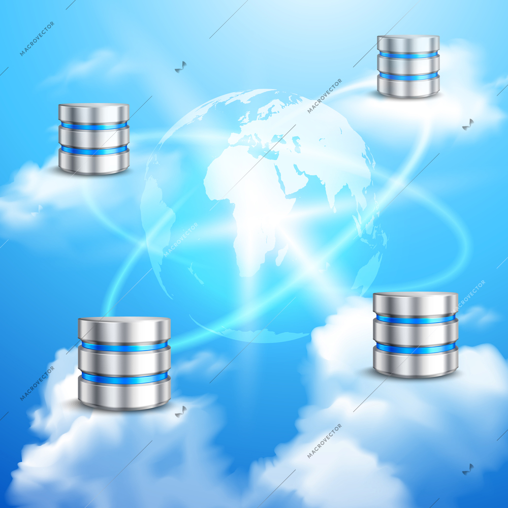 Network data server connected with realistic clouds and globe on background poster vector illustration