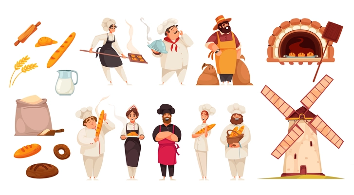 Miller baker set of isolated icons with human characters images of stove windmill and bakery products vector illustration