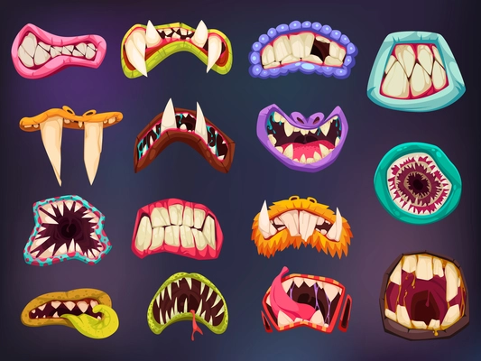 Set with isolated monster mouth color icons with colorful lips and tusk teeth of different shape vector illustration