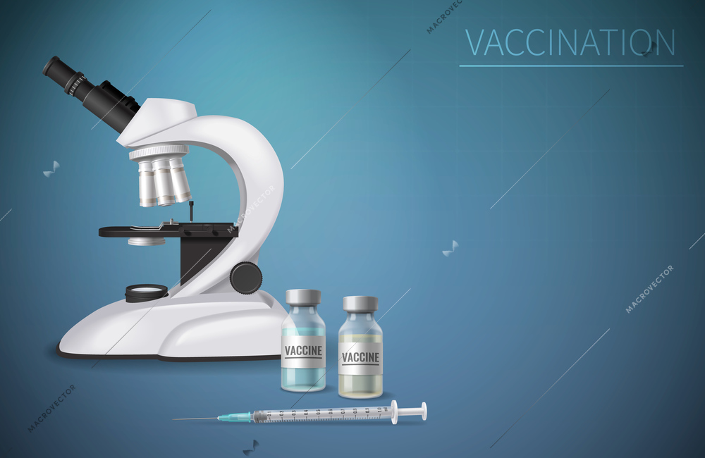 Vaccination realistic background with microscope two phials with vaccine solution and medical syringe for infection vector illustration