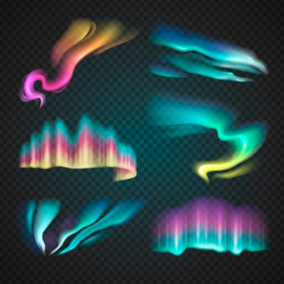Colorful northern lights of different forms and colors with gradient on dark transparent background isolated vector illustration