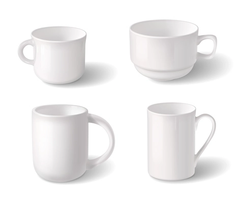Cups realistic design concept with four white empty porcelain items for tea or coffee isolated vector illustration