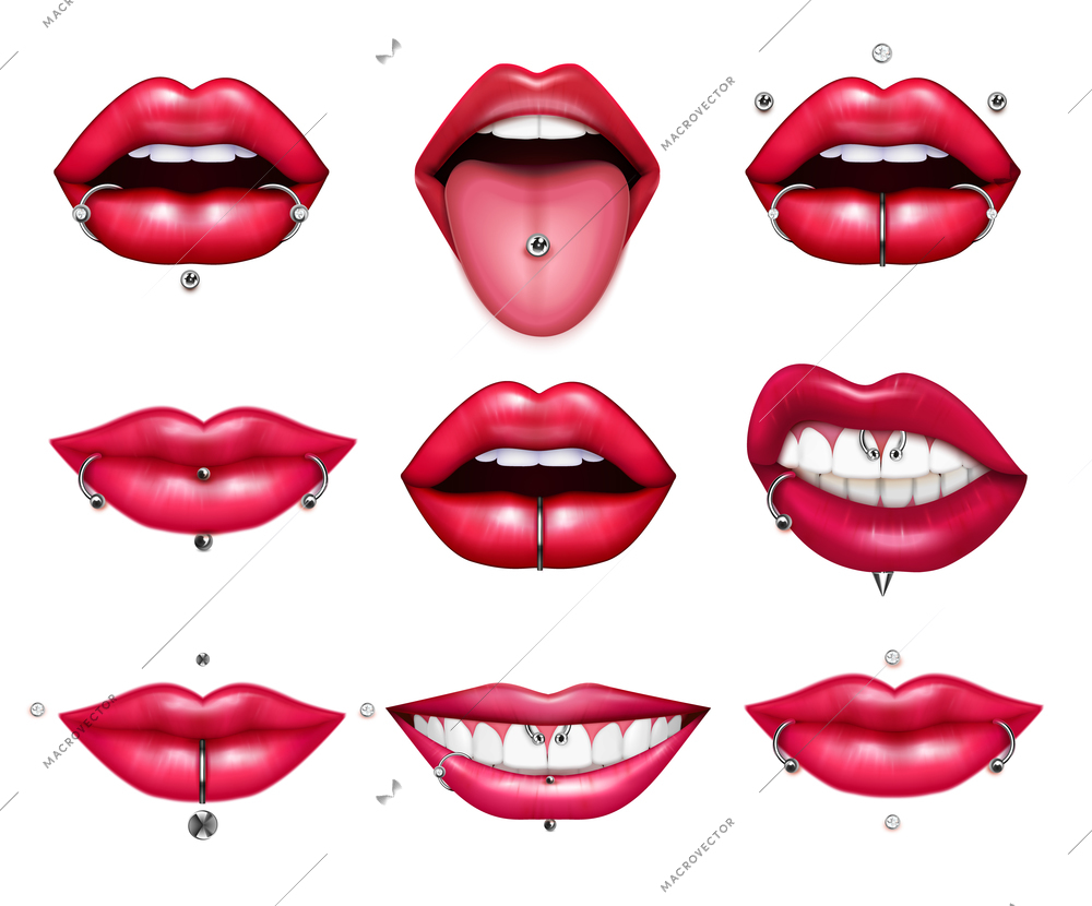 Different types of lips and tongue piercing realistic set isolated on blank background vector illustration