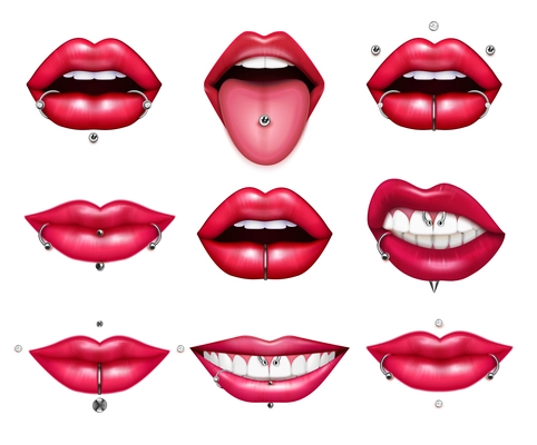 Different types of lips and tongue piercing realistic set isolated on blank background vector illustration