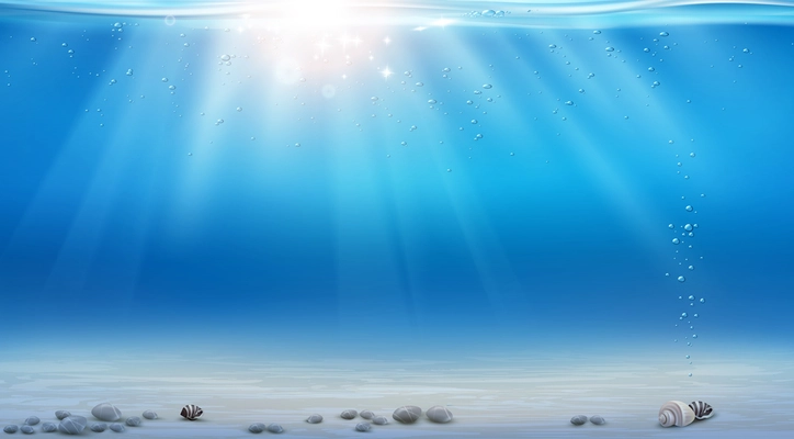 Realistic marine landscape with underwater view seashells bubbles and beams of sunlight vector illustration