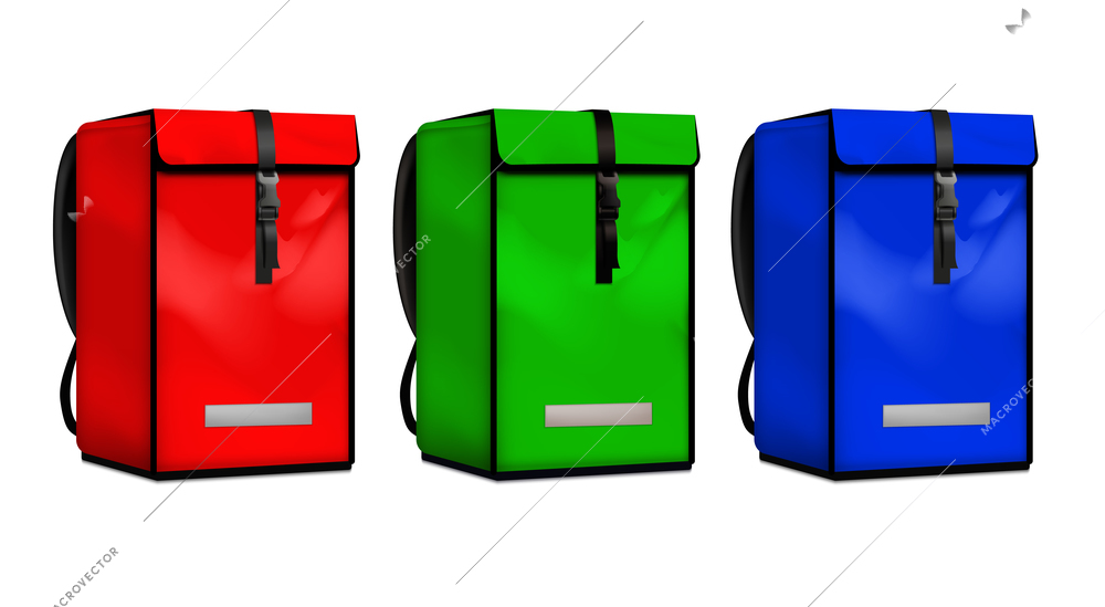 Courier delivery bags set with three realistic bright red green and blue backpacks isolated on white background vector illustration