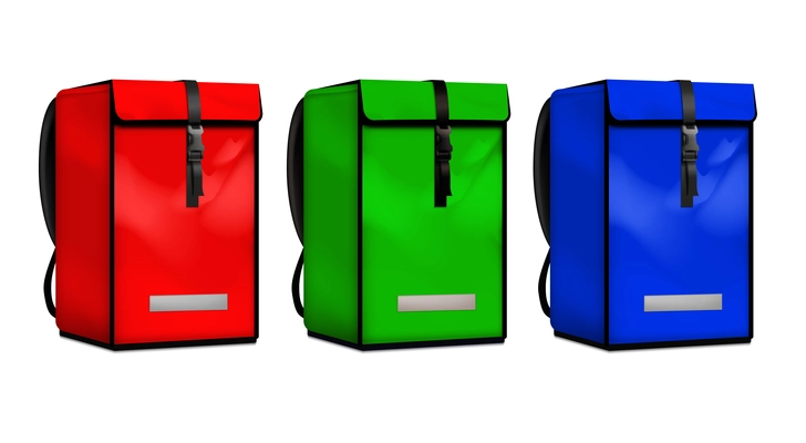 Courier delivery bags set with three realistic bright red green and blue backpacks isolated on white background vector illustration