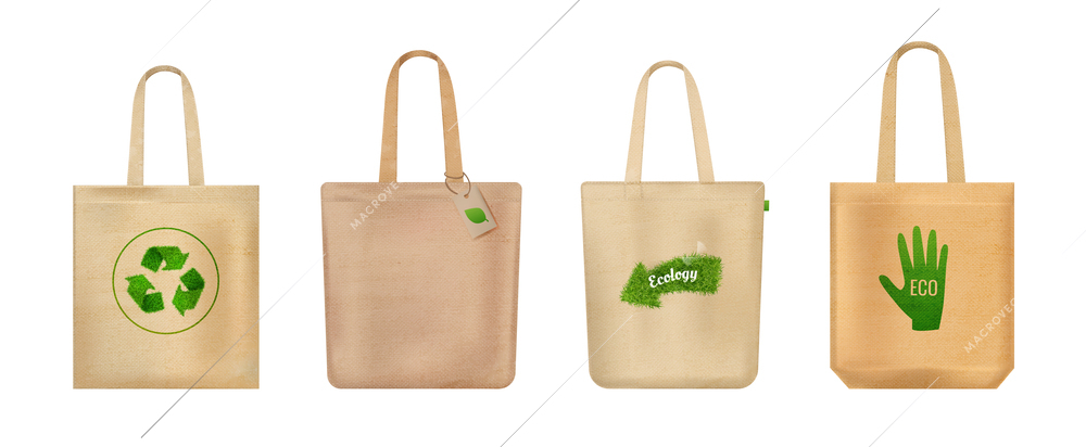 Realistic hands bag eco icon set beige bags made of eco friendly materials with green logos vector illustration