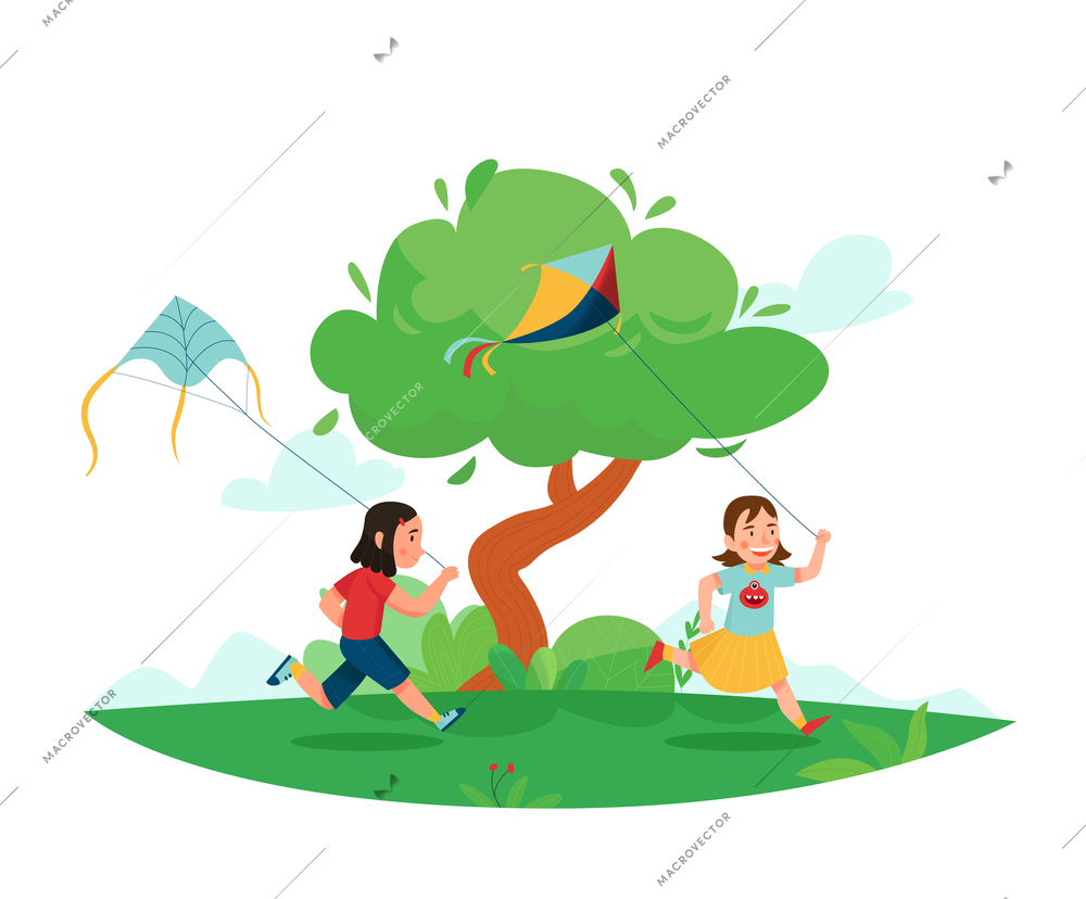 Summer children playing activity kite composition two girls running through the park with kites vector illustration
