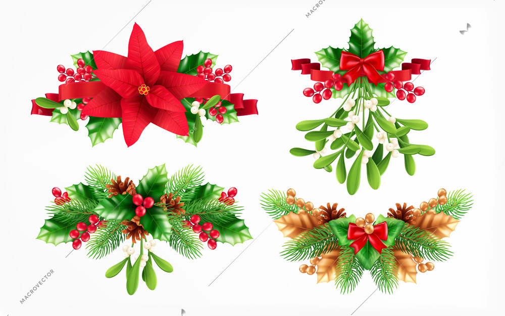 Set of four isolated christmas decorations plants design compositions with realistic images of bows and ribbons vector illustration