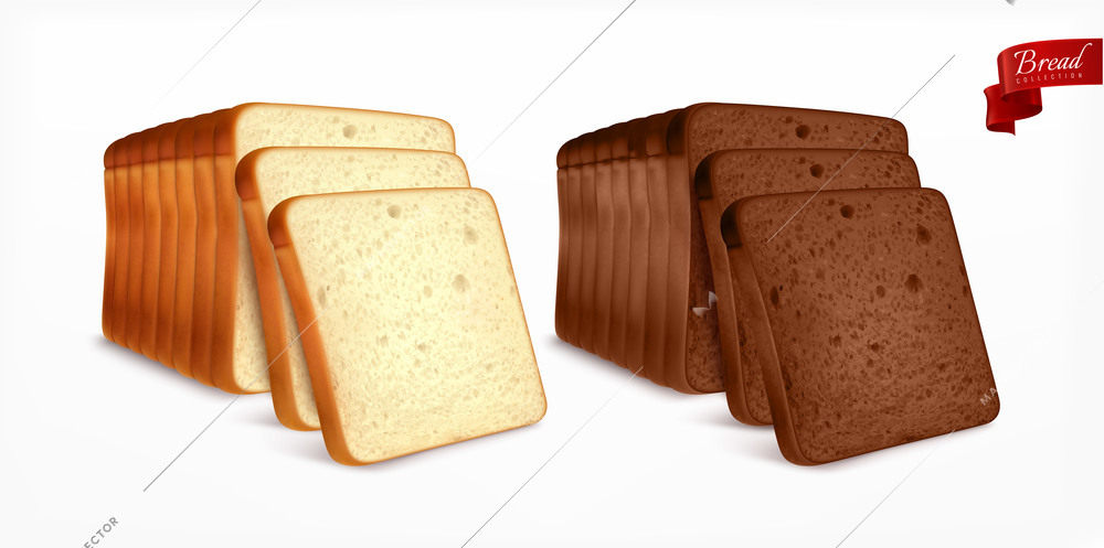 Bread realistic set with isolated white and black toast bread cut into slices with text badge vector illustration