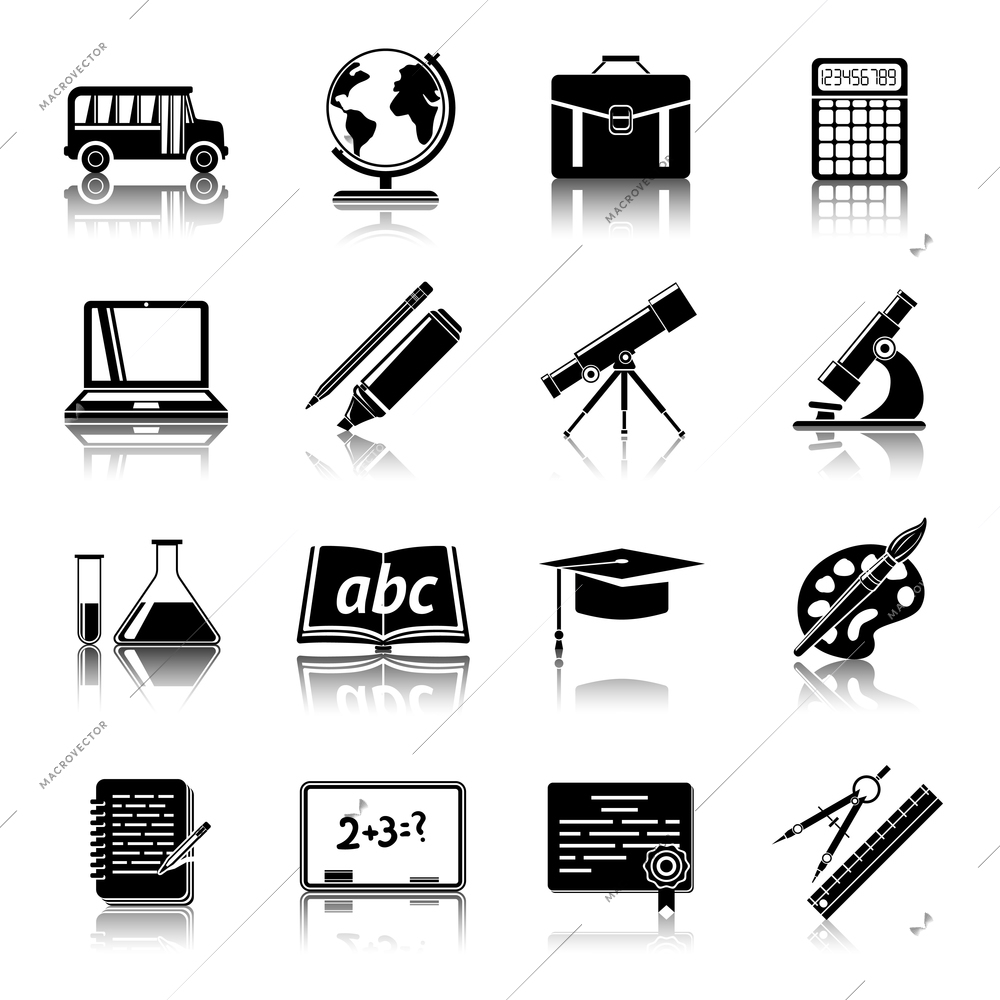 College education black icons pictograms set with school bus chalkboard paint palette graduation cap isolated vector illustration