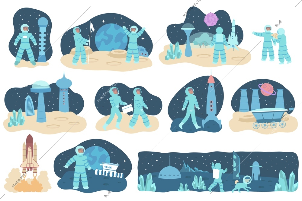 Set of isolated space colonization compositions with flat images of spacecrafts extraterrestrial terrain and astronaut characters vector illustration