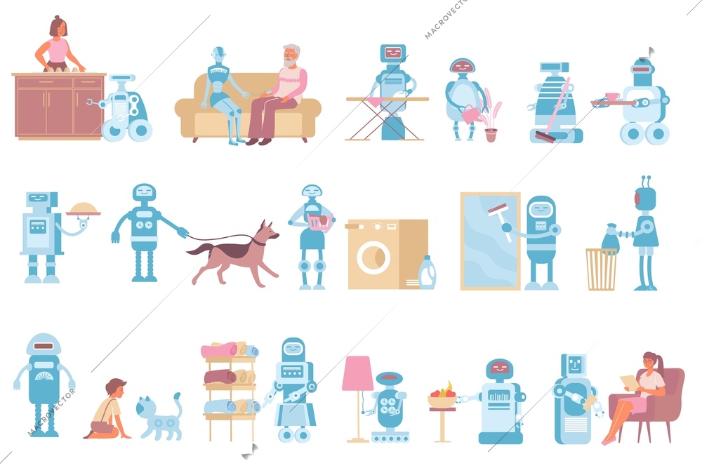 Robot home flat set of isolated icons with household appliances anthropomorphic robots cleaning up after people vector illustration