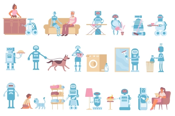 Robot home flat set of isolated icons with household appliances anthropomorphic robots cleaning up after people vector illustration