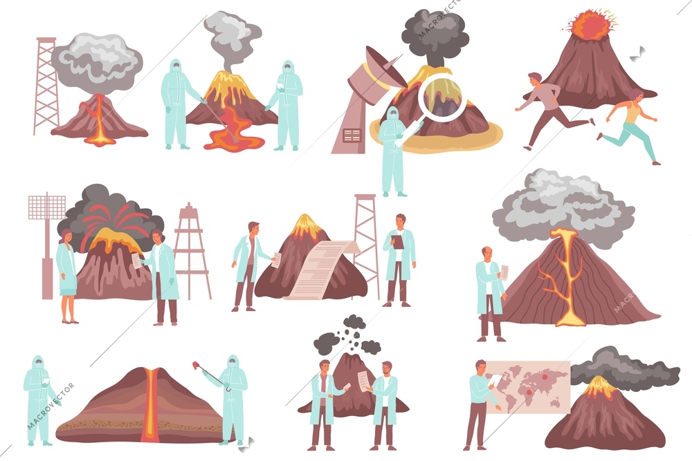 Volcano people science flat set of isolated icons human characters of scientists with equipment analyzing eruptions vector illustration