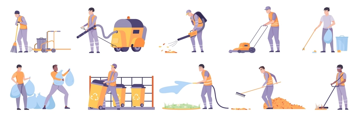 City cleaning flat set of people gathering trash and cleaning street using vacuum cleaner handle snowplow vector illustration