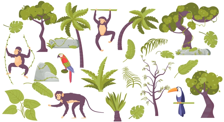 Tropic landscape flat set of flora and fauna representatives including palm tree monkey and parrot isolated vector illustration