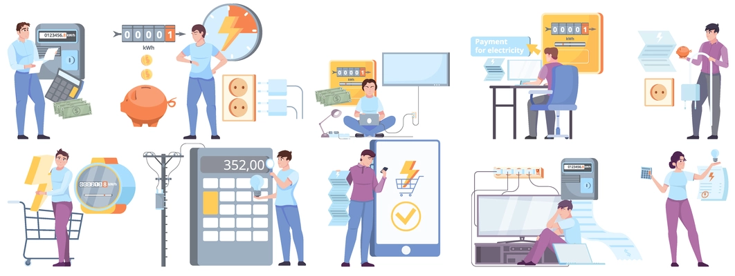 Payment for electricity flat set of people characters utility bill invoice and electricity meters isolated vector illustration