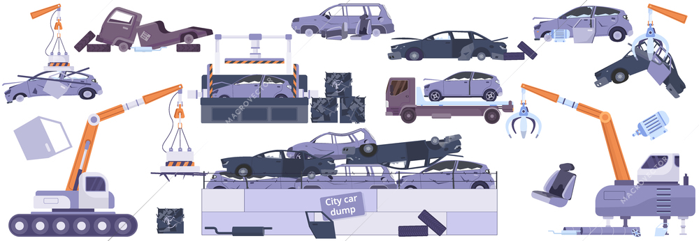 City car dump flat set of used broken damaged crushed transportation and working cranes isolated vector illustration