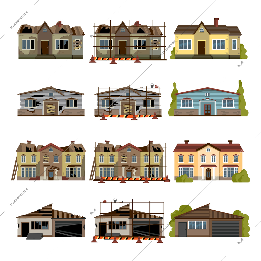 Reconstruction building renovation set of isolated icons with crumbling houses construction trestle and fully renovated facades vector illustration