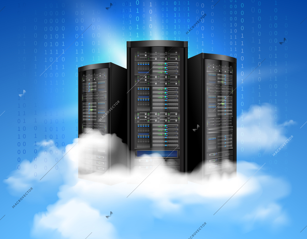 Network data server with realistic cloud and binary code background poster vector illustration