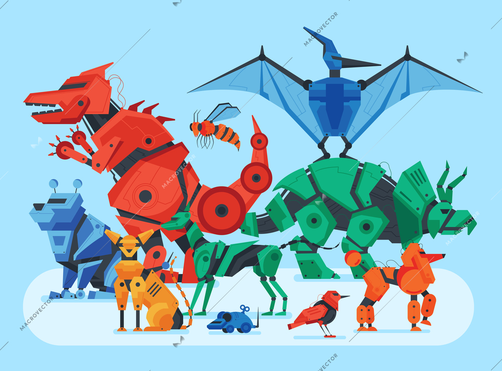 Robot toy animals composition with view of droids crowd with pets birds insects and wild beasts vector illustration