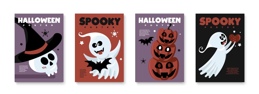 Ghost poster set of four vertical compositions with ornate text and cartoon images of halloween symbols vector illustration