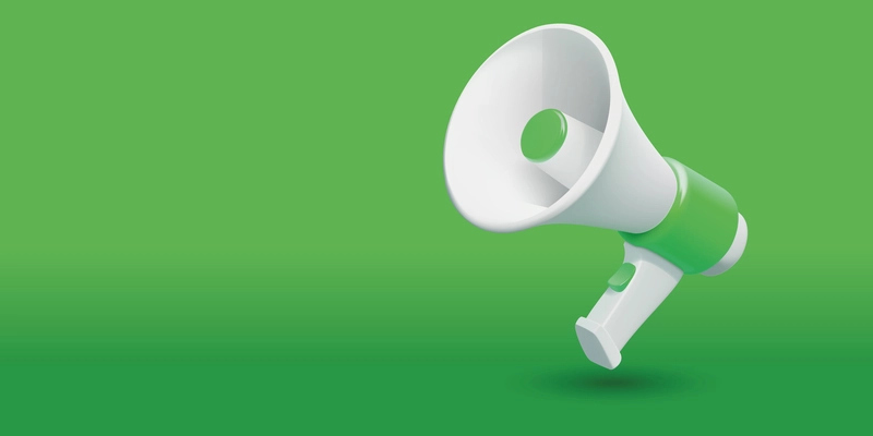 Loud speaker 3d realistic composition with green gradient background and isolated image of plastic megaphone unit vector illustration