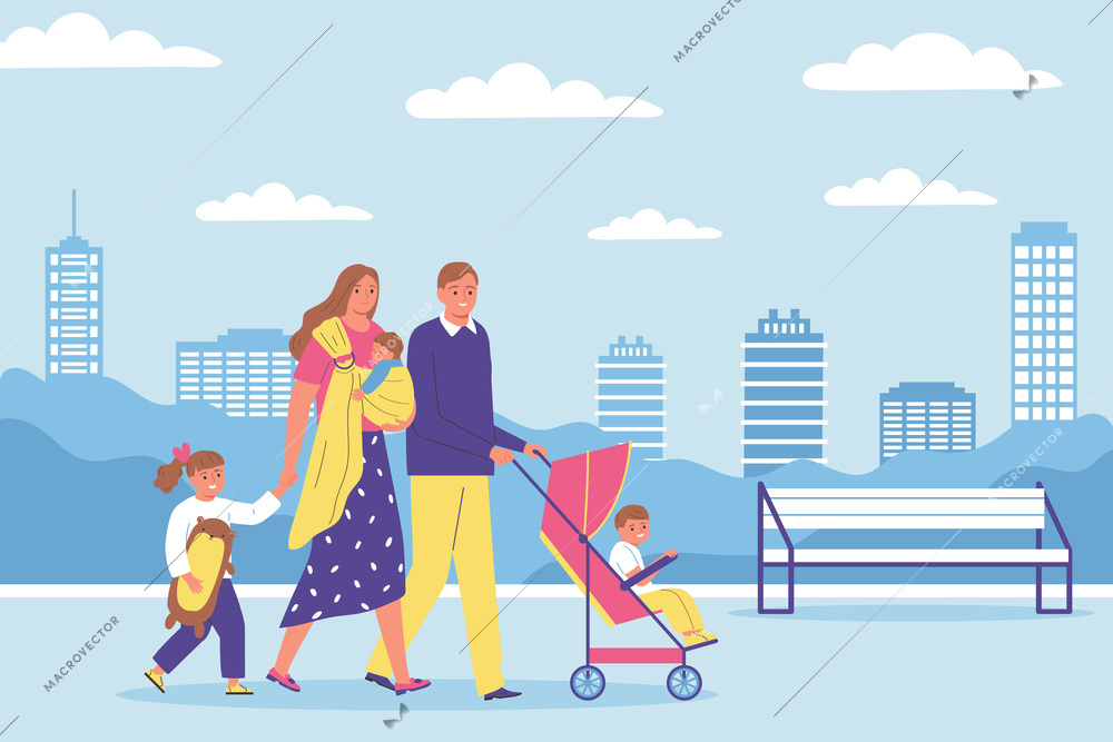 Family walking in park with two children and baby sleeping in sling flat vector illustration