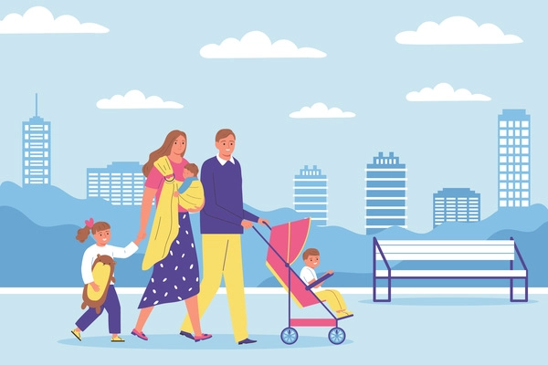 Family walking in park with two children and baby sleeping in sling flat vector illustration