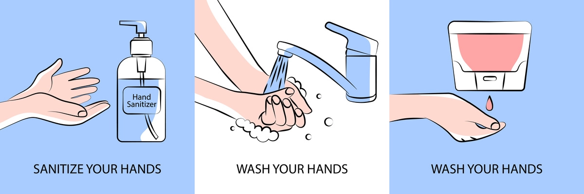 Flat hand washing design concept with sanitizer water tap and liquid soap on blue and white background isolated vector illustration