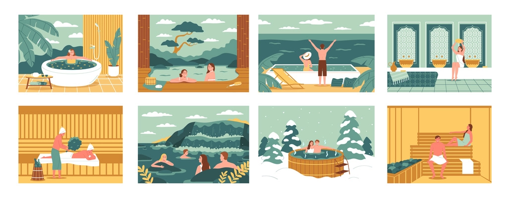 People bathing in thermal waters relaxing in banya sauna hot tub spa salon flat color set isolated vector illustration