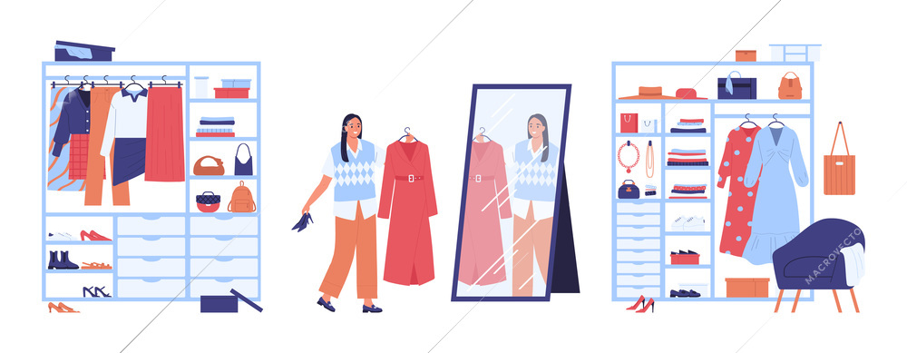 Modern wardrobe flat set with trendy clothes and accessories on shelves and happy woman going to try on long dress and shoes isolated vector illustration