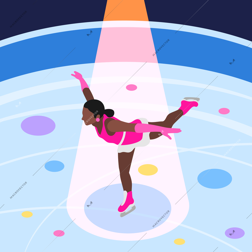 International olympic day isometric background with view of skating rink with female character of figure skater vector illustration
