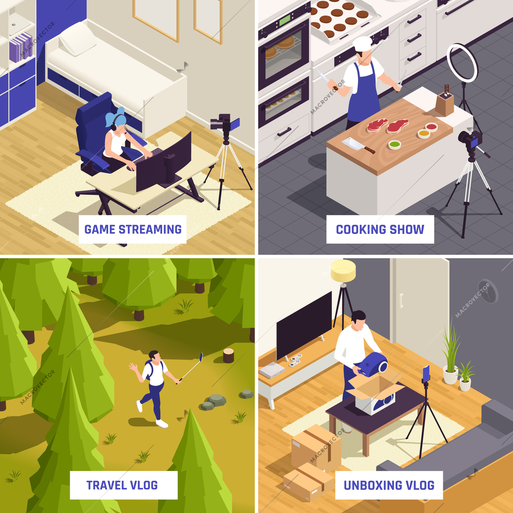 Popular blogger types 4 isometric compositions video game streaming cooking show travel and unboxing vlogs vector illustration