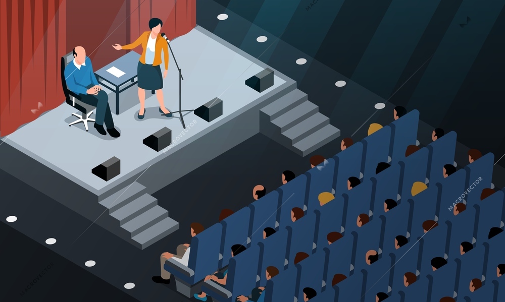 Isometric conference hall horizontal composition with auditorium visitors on seats and stage with characters of speakers vector illustration